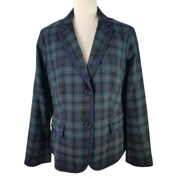 Talbots Blue Green Black Red Plaid Wool Blend Lined Blazer Size 12 - Picture 1 of 6